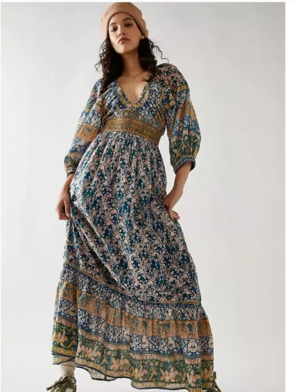 Free People Golden Hour Maxi Dress Bohemian Floral Dainty in Teal Combo NWT